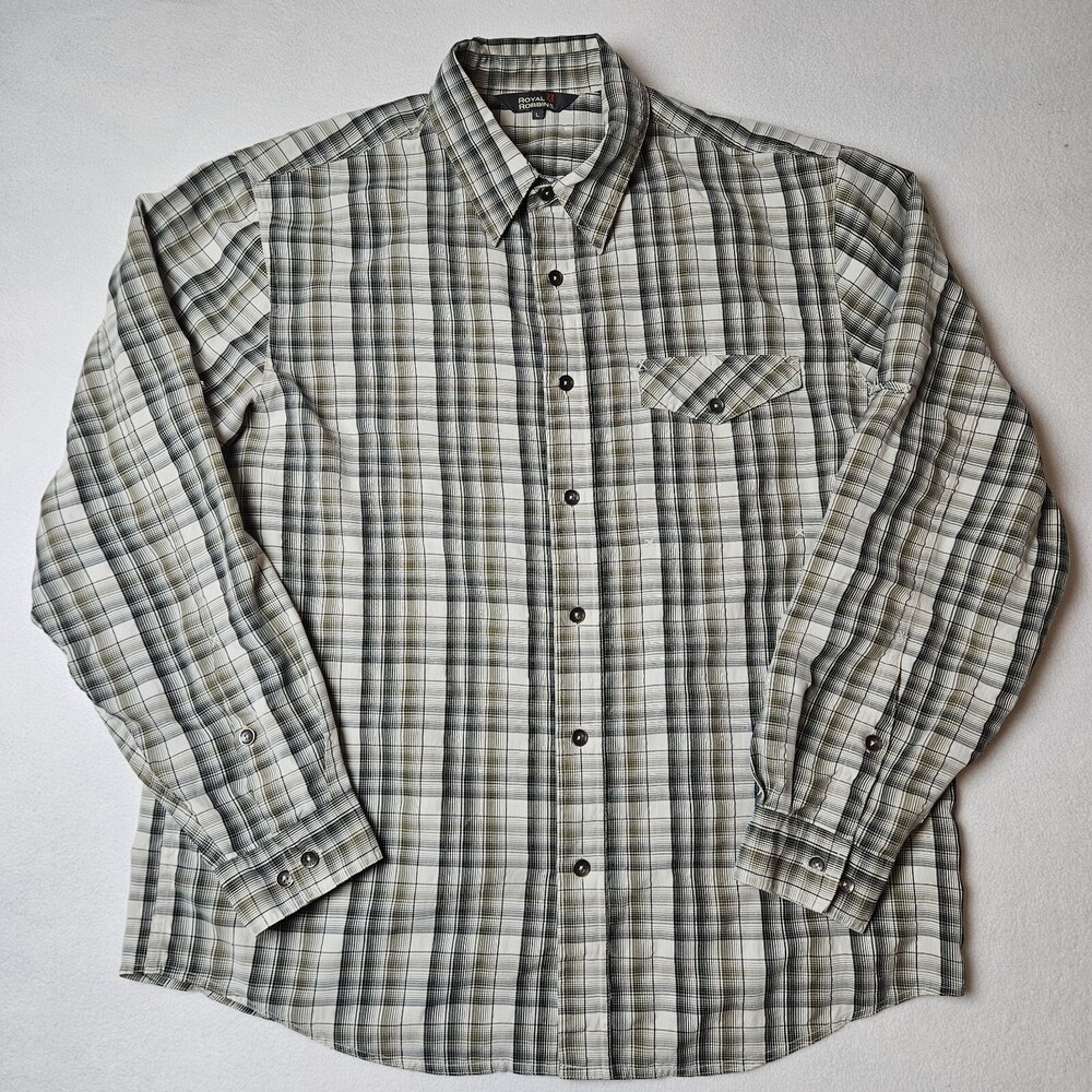 Royal Robbins Shirt Mens L Gray Plaid Button Up Polyester Modal Rayon Outdoor